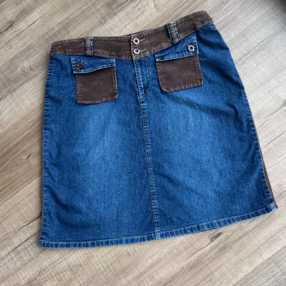 Vintage 90s Skirt Women's Plus Size 18 Denim Corduroy Blue Brown Knee Length